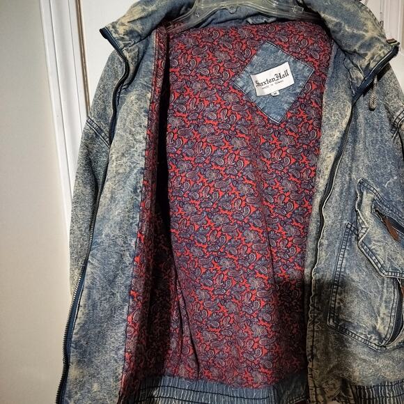 4377)Vtg 80s M Saxton Hall Unisex Acid wash Denim Hooded Paisley Bomber Jacket - Picture 3 of 14